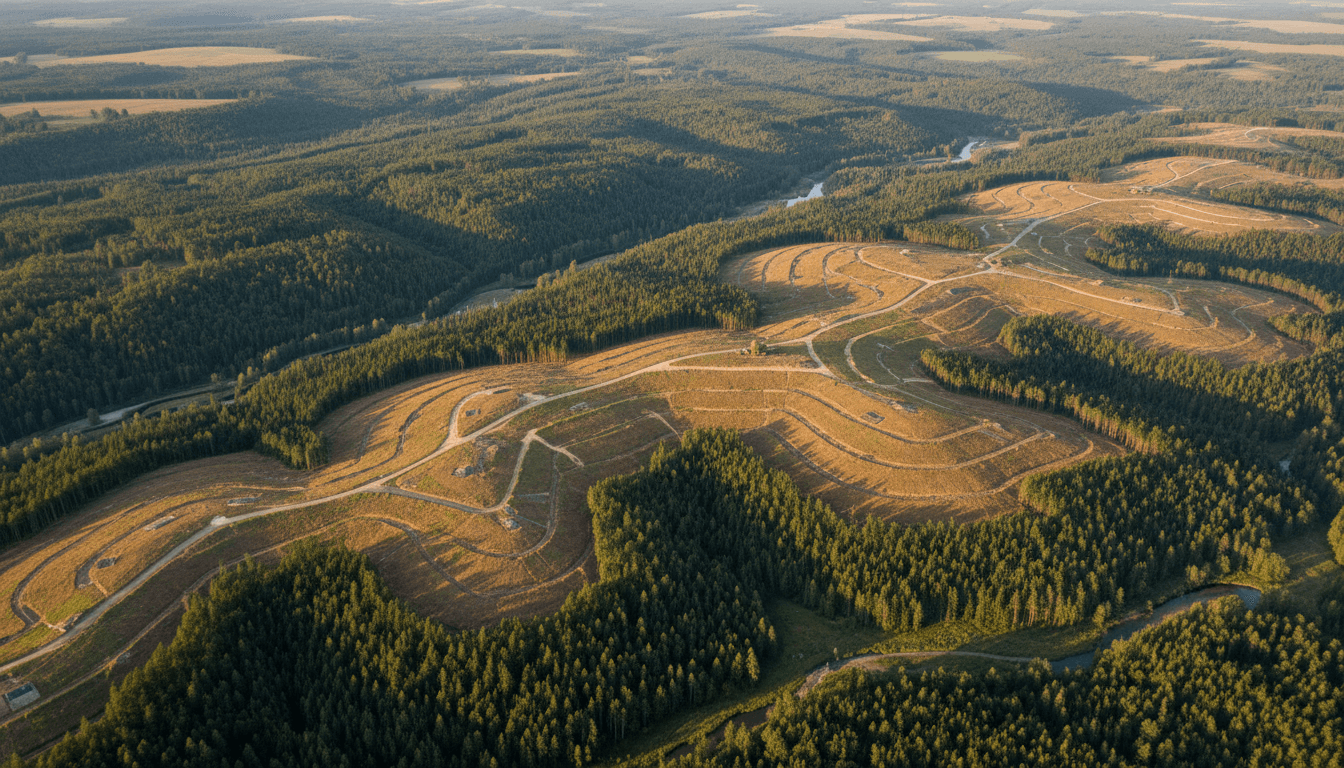Aerial view of forested landscape in Superior, Wisconsin region showing cleared land areas and regional scope