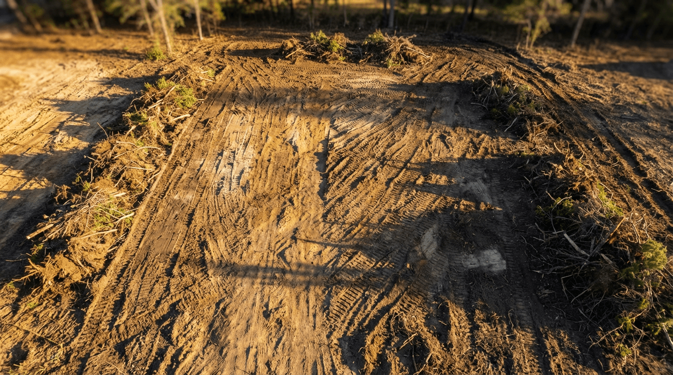 Overhead view of cleared property lot with excavated soil, organized debris piles, and golden hour shadows, showing site preparation work.
