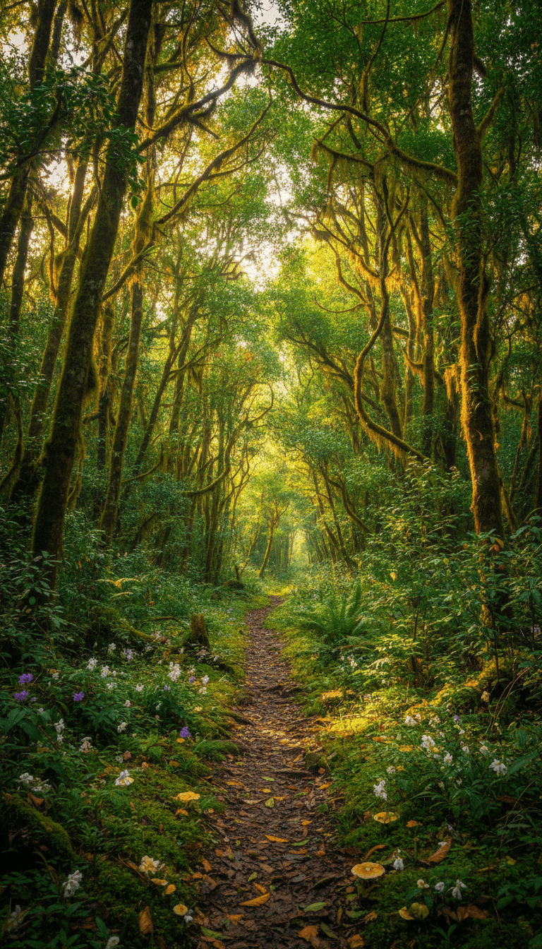 Sunlit forest path lined with lush vegetation and dappled canopy light creating verdant tunnel