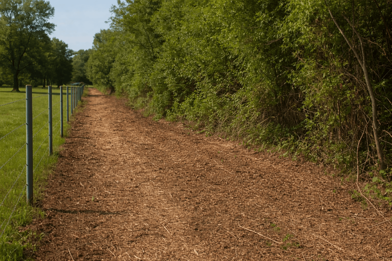 Mulch-covered path bordered by a wire fence and a dense wall of green foliage.