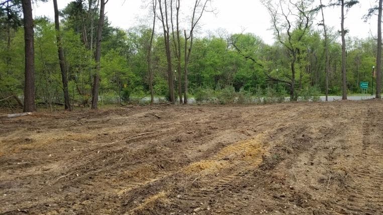 Cleared brown dirt lot with tire tracks in front of a dense green forest.